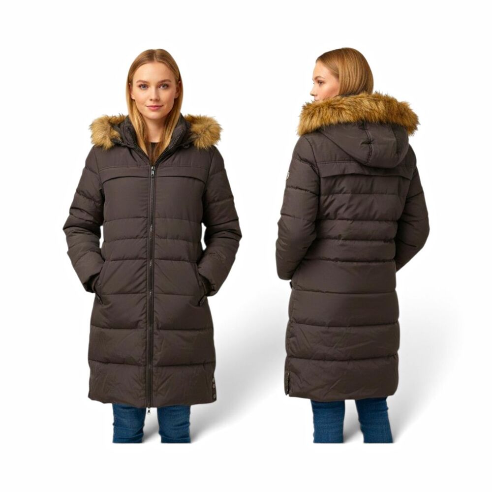 CHERFLY Womens Long Puffer Coat Black XL Hooded Faux Fur Trim Full Zip Pockets